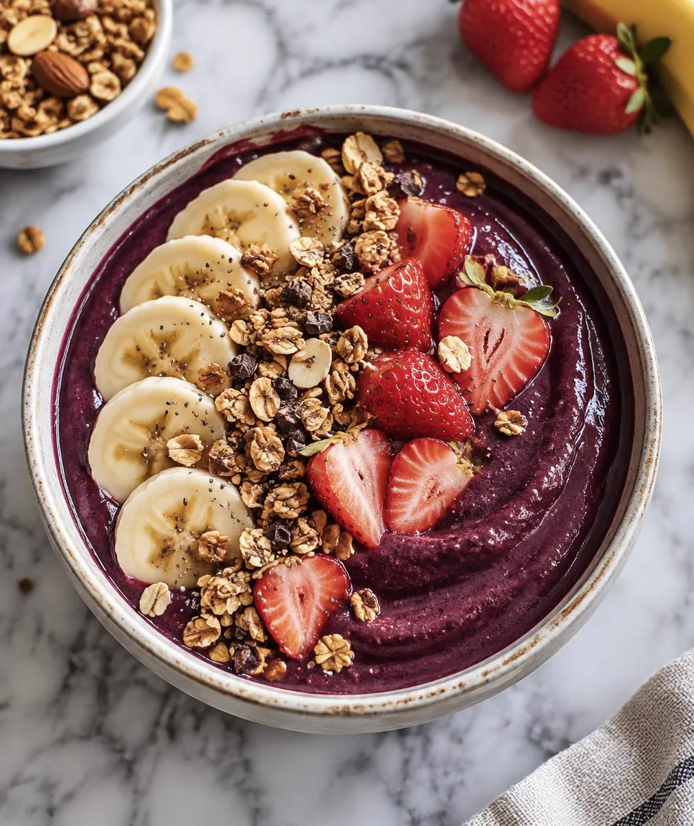 Tigela de açaí cremoso com banana, morango e granola